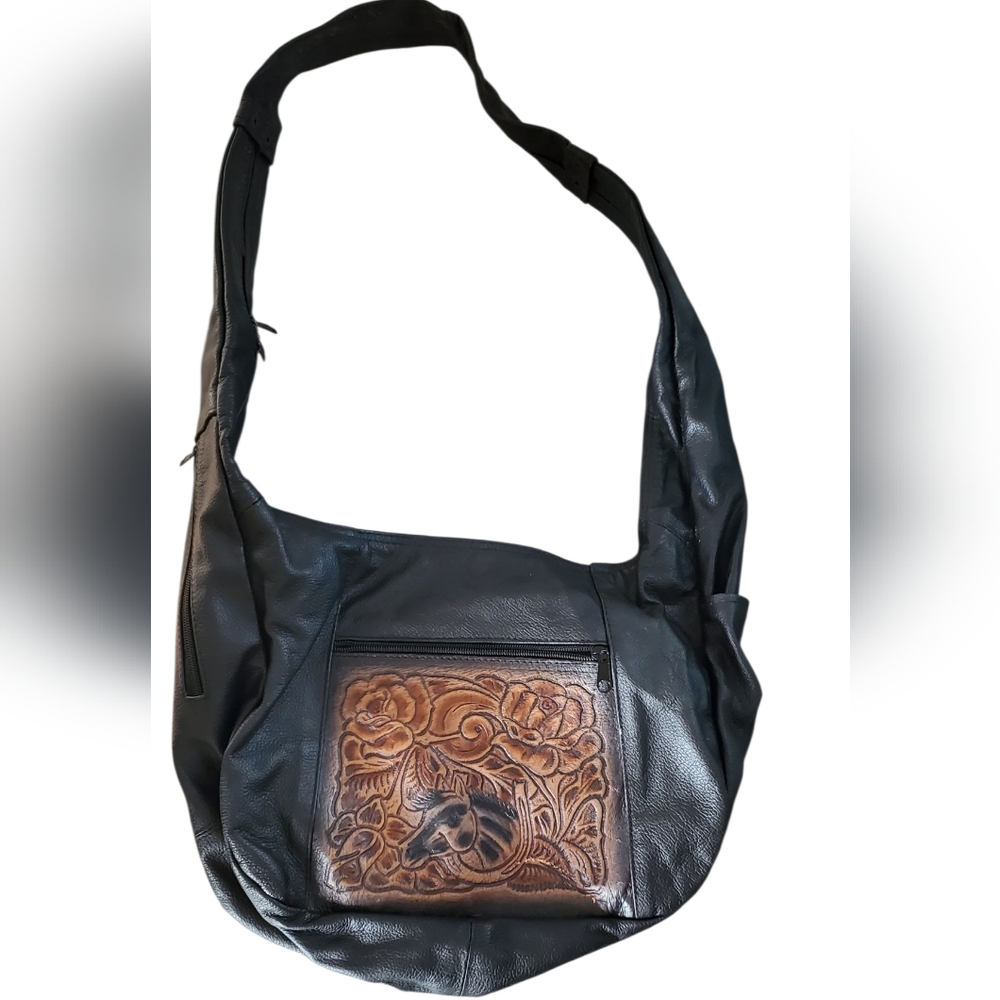 Vintage Black Leather Shoulder Bag with Brown Horse Floral Design.